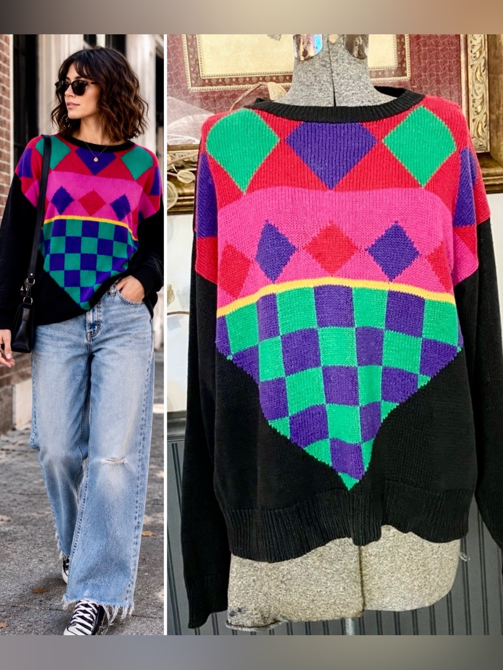 Vintage 90s RUSS Studio Colorblock Argyle Checkerboard Grandpa Sweater Sz L🧡🎀